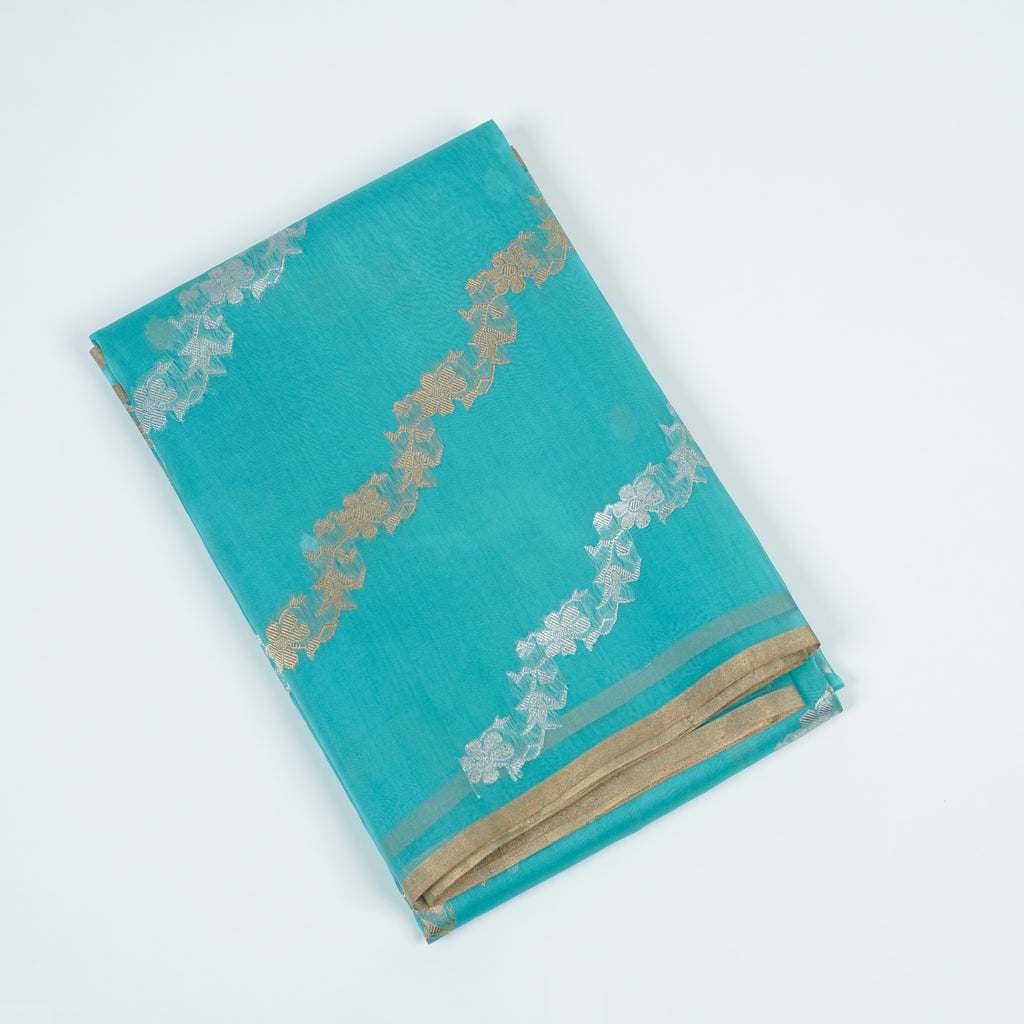 Sky Blue - Pure Organza Banarasi Saree with Banarasi Half Laheria in gold and silver