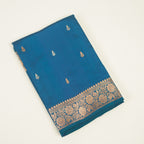 German Blue Contrast with lavender border - Pure Banarasi silk Saree with small golden and silver booti