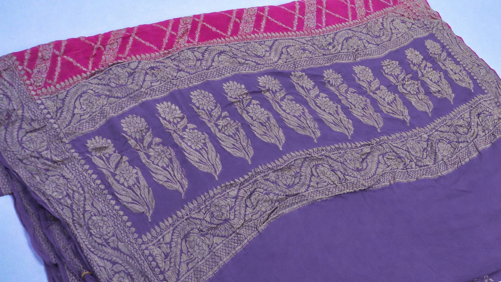 Pink contrast with Lavender - Pure Khaddi Chiffon Georgette Silk Banarasi Saree