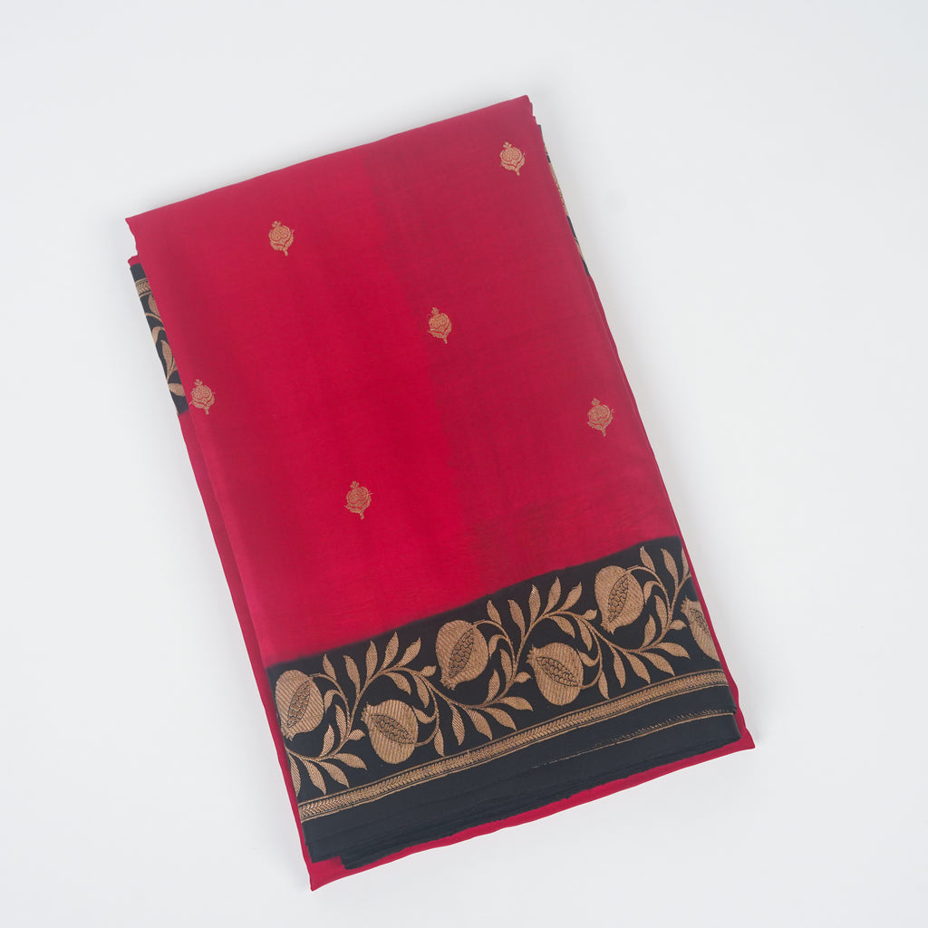 Black Contrast with maroon border - Pure Katan Georgette Banarasi Saree with Satin Border and small golden zari booti