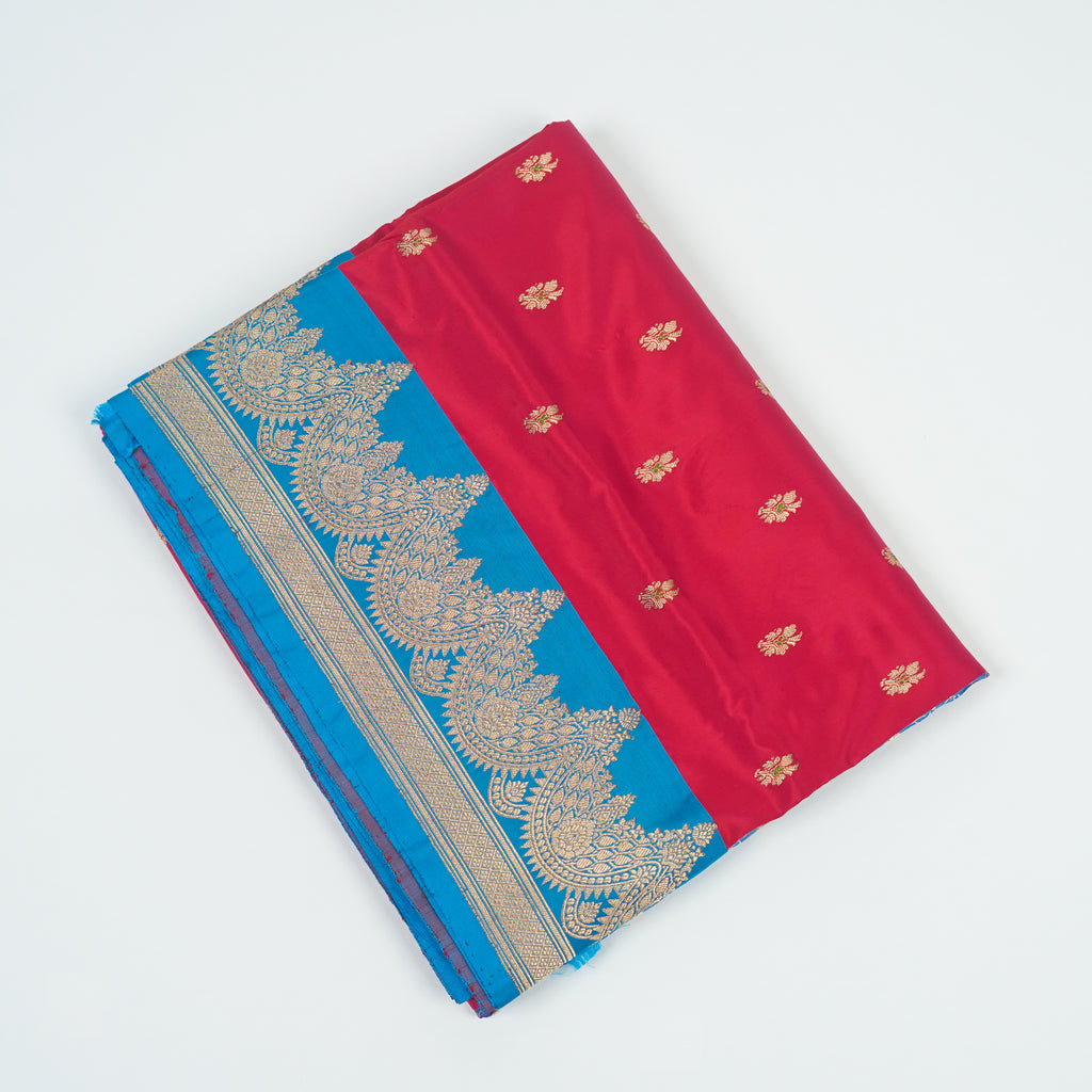 Red contrast with Blue - Pure Soft premium Katan Silk Banarasi Saree with Alfi small Booti and contrast Satin Border