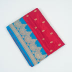 Red contrast with Blue - Pure Soft premium Katan Silk Banarasi Saree with Alfi small Booti and contrast Satin Border