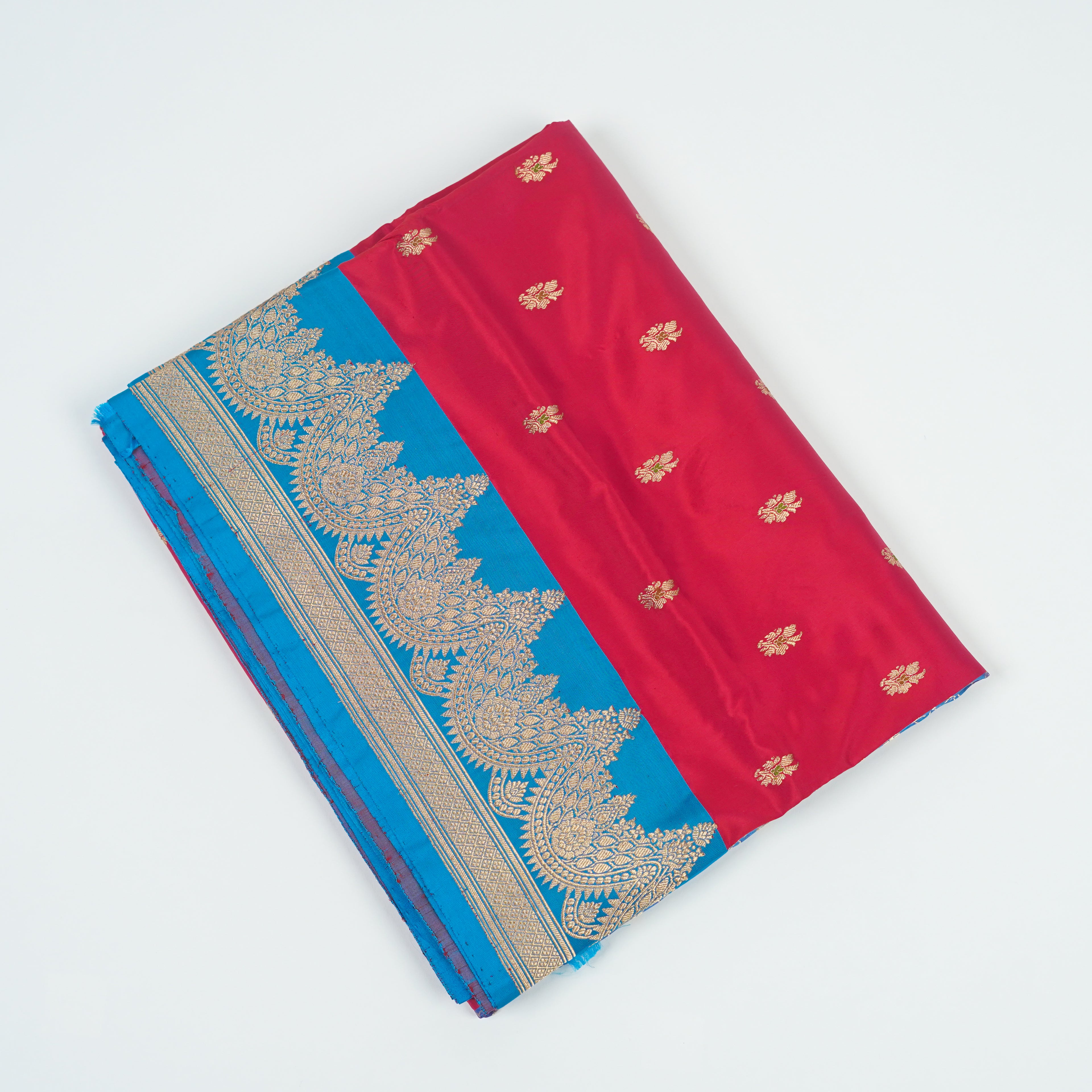 Red contrast with Blue - Pure Soft premium Katan Silk Banarasi Saree with Alfi small Booti and contrast Satin Border