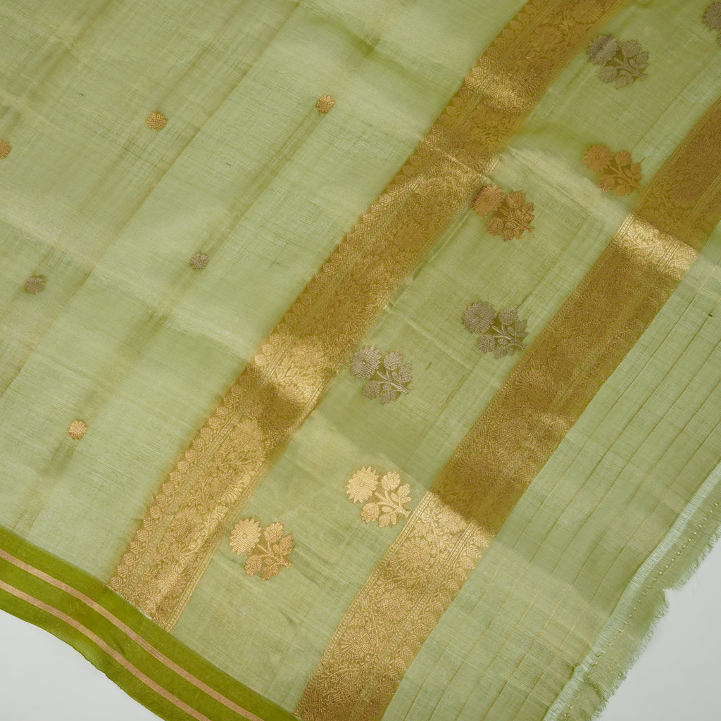 Yellow Banarasi Handloom Luxury Suit set contrast with deep dhani color.
