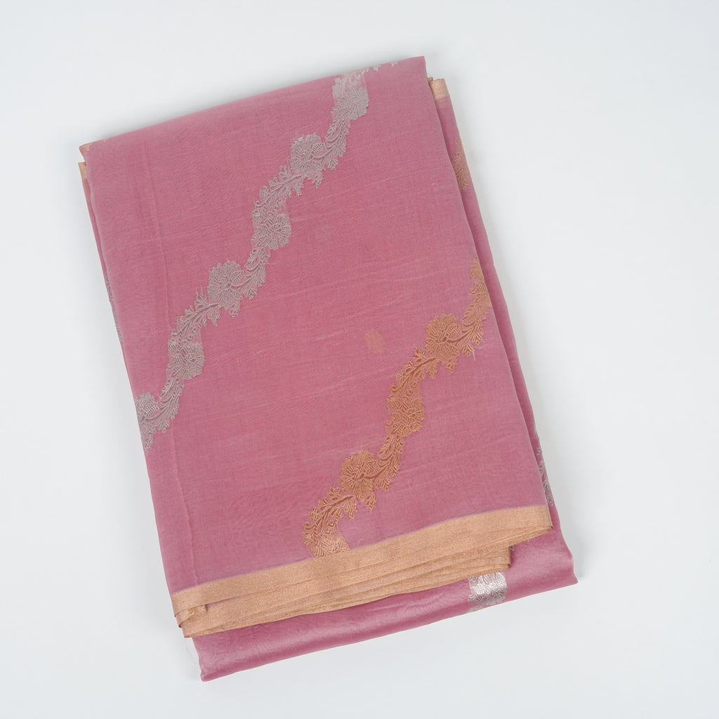Pinkish Mauve Taupe - Pure Organza Banarasi Saree with Banarasi Half Laheria in gold and silver