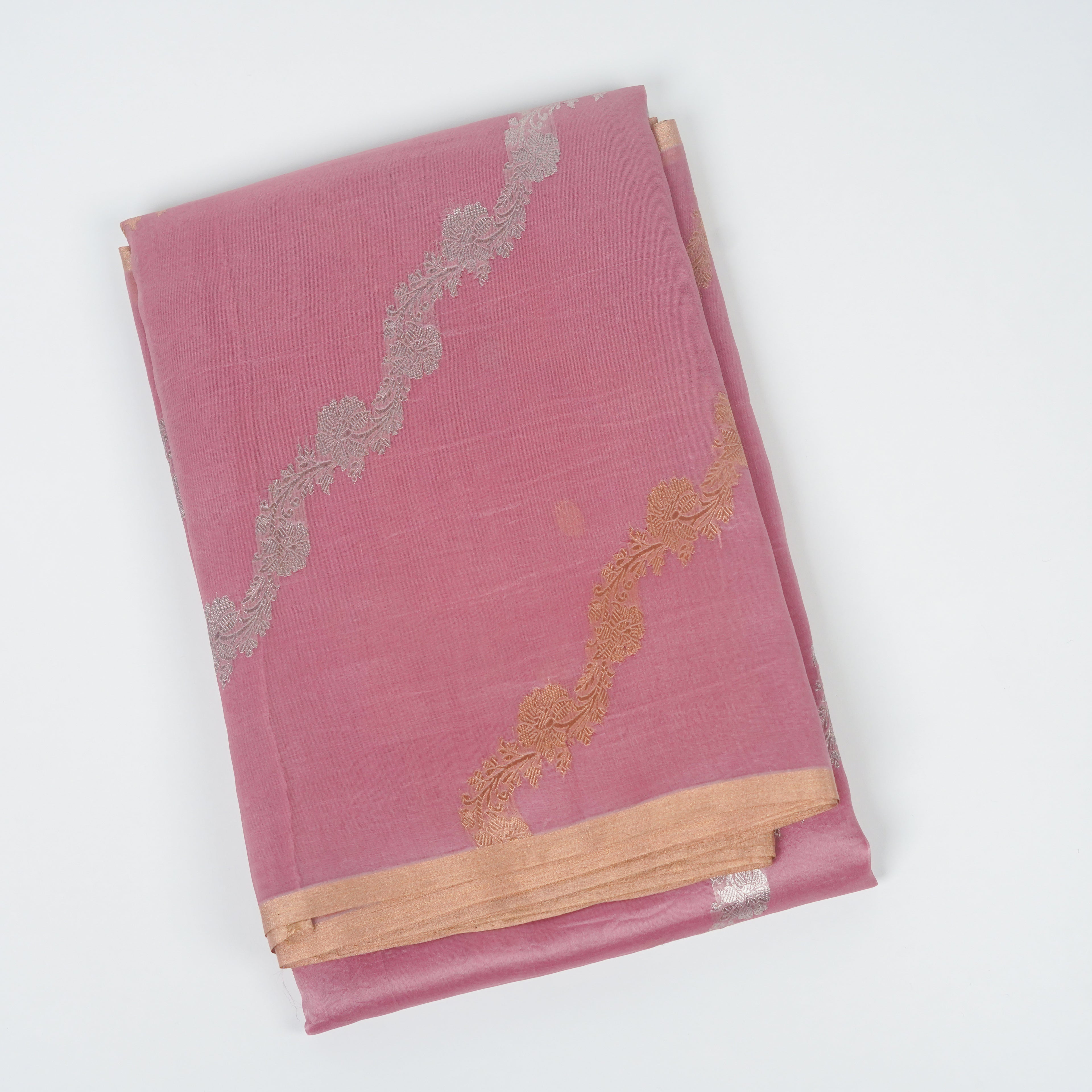 Pinkish Mauve Taupe - Pure Organza Banarasi Saree with Banarasi Half Laheria in gold and silver