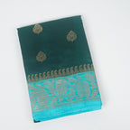Bottle Green Contrast with Sky blue border - Pure Raw Mango Banarasi Saree with Golden Boota Motifs