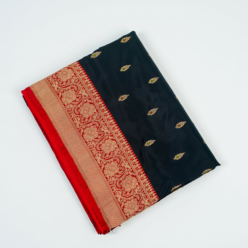 Black contrast with Red - Pure Soft premium Katan Silk Banarasi Saree with Alfi small Booti and contrast Satin Border