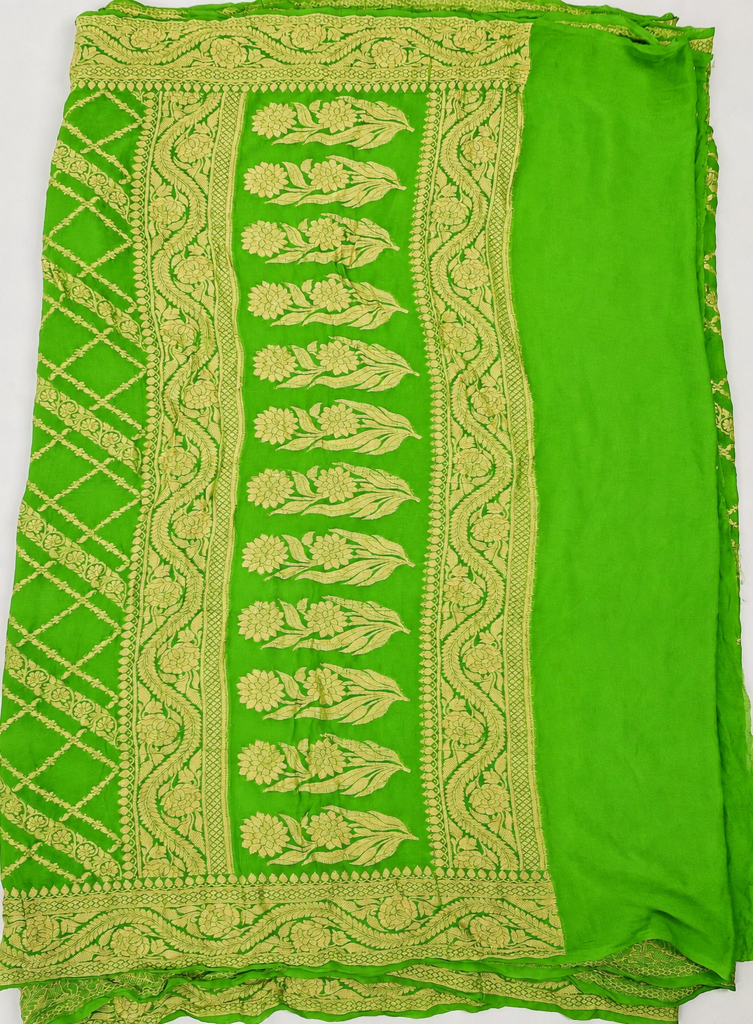 Parrot Green - Pure Khaddi Chiffon Georgette Silk Banarasi Saree