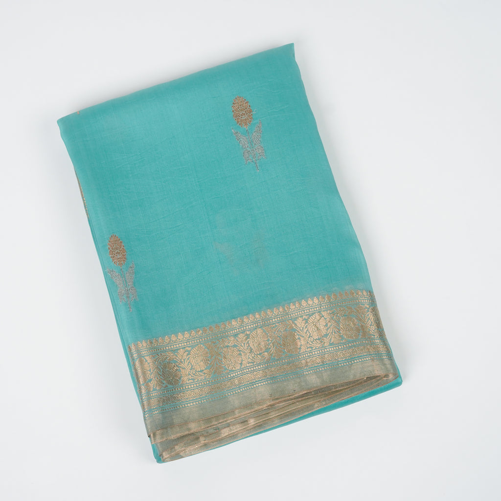Aqua Teal Blue - Pure Organza Silk Banarasi Saree with Alfi Boota