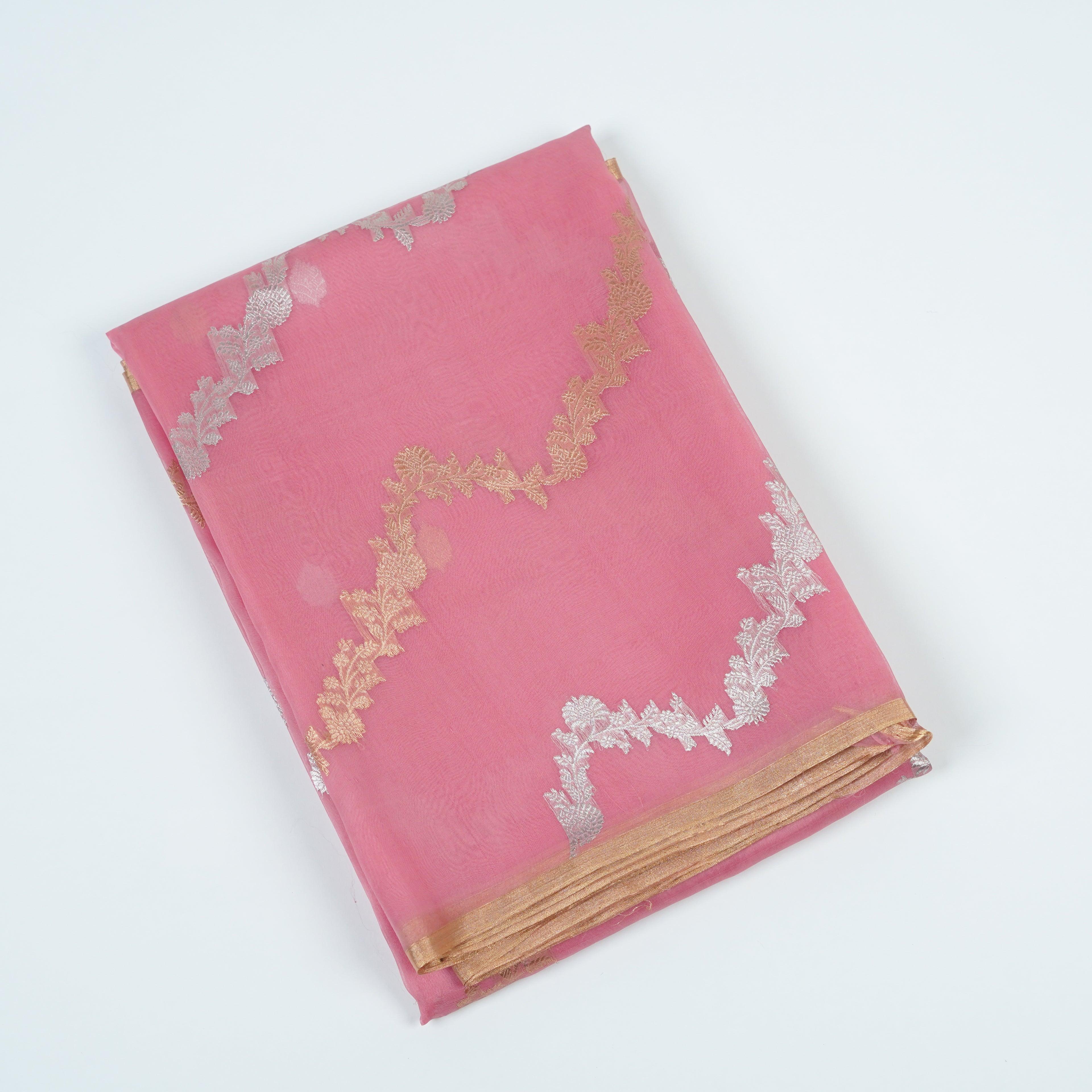 Baby Pink - Pure Organza Banarasi Saree with Banarasi Half Laheria in gold and silver