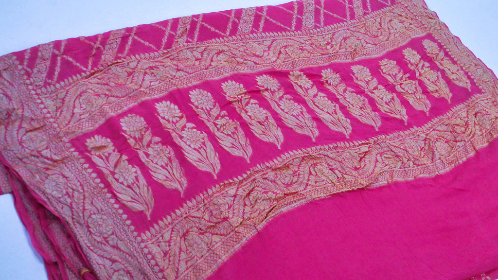 Rani Pink - Pure Khaddi Chiffon Georgette Silk Banarasi Saree