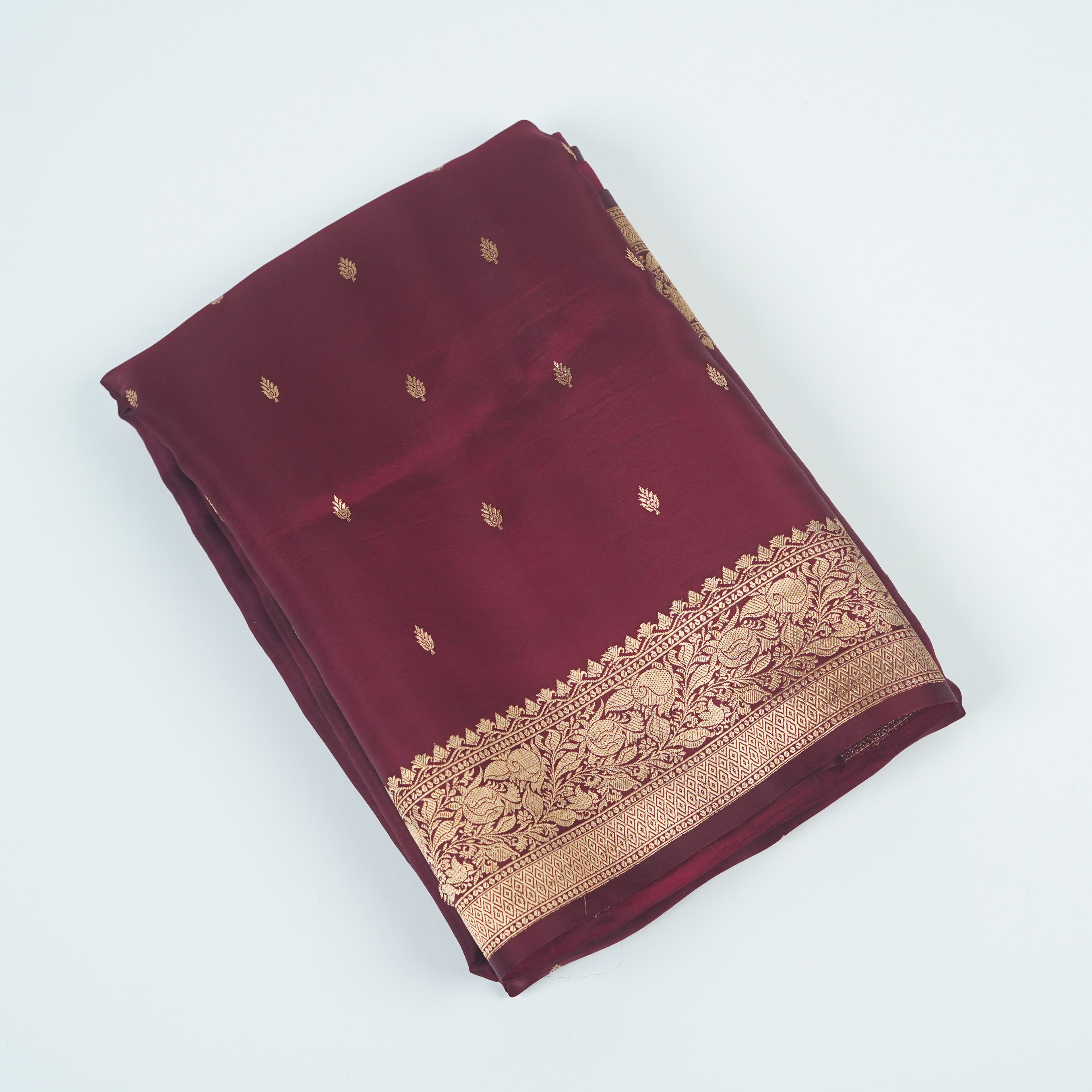 Deep Garnet - Pure Chiniya Mashru Silk Banarasi Saree with small golden zari booti