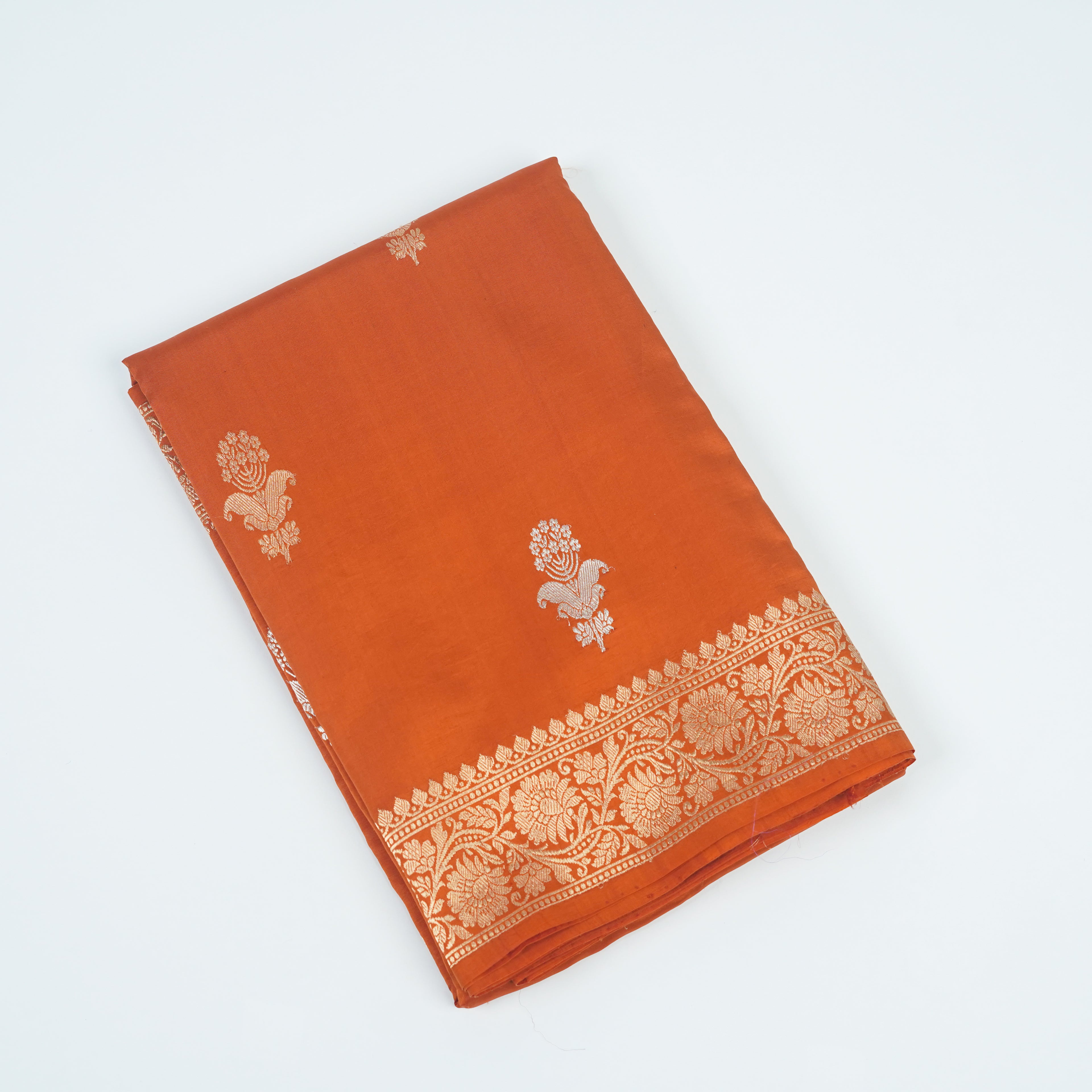 Rust - Pure Raw Mango Banarasi Saree with Golden and silver Boota Motifs