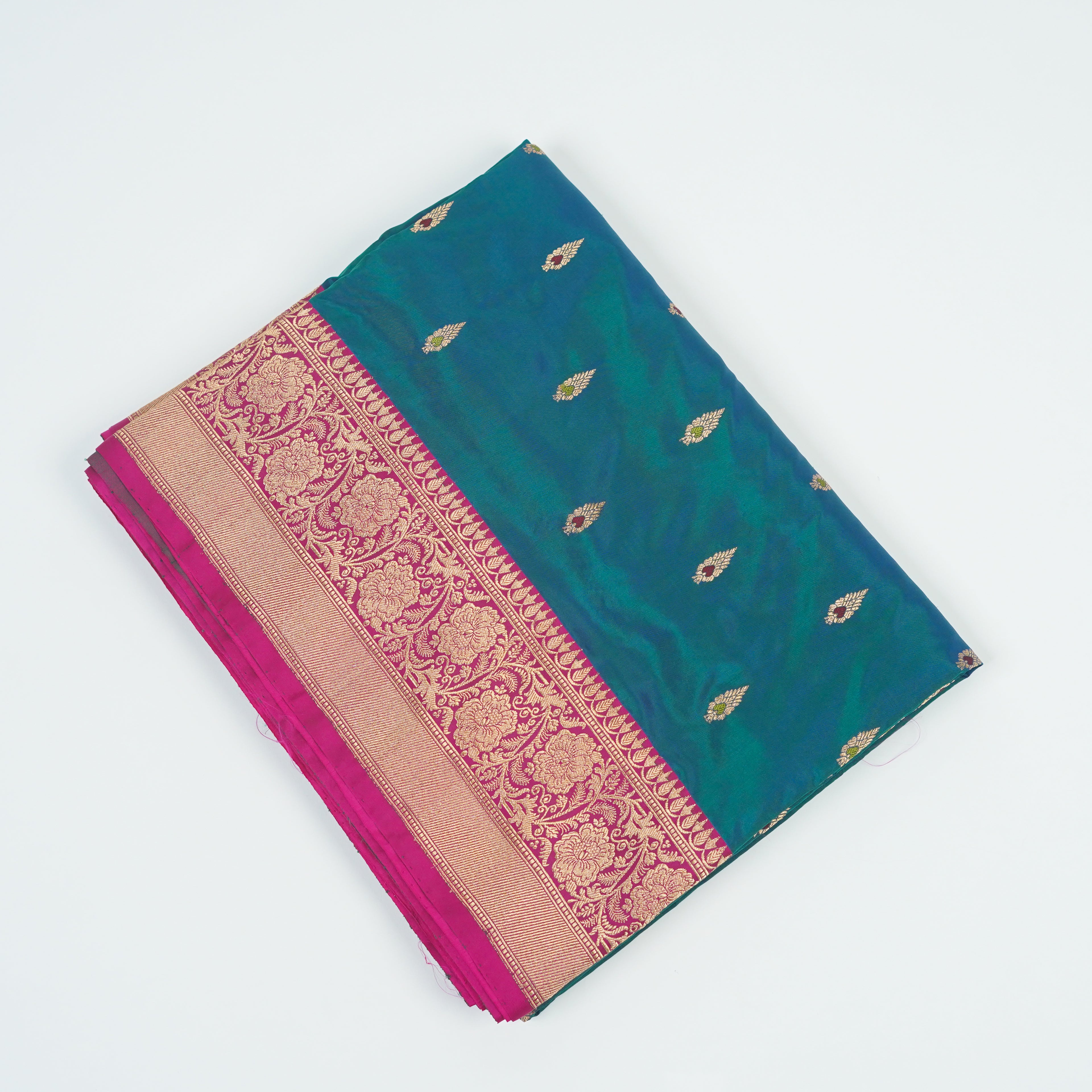 German Blue contrast with Pink - Pure Soft premium Katan Silk Banarasi Saree with Alfi small Booti and contrast Satin Border