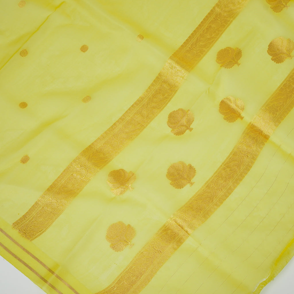 Yellow Banarasi Handloom Luxury Suit set contrast with light lemon yellow color.