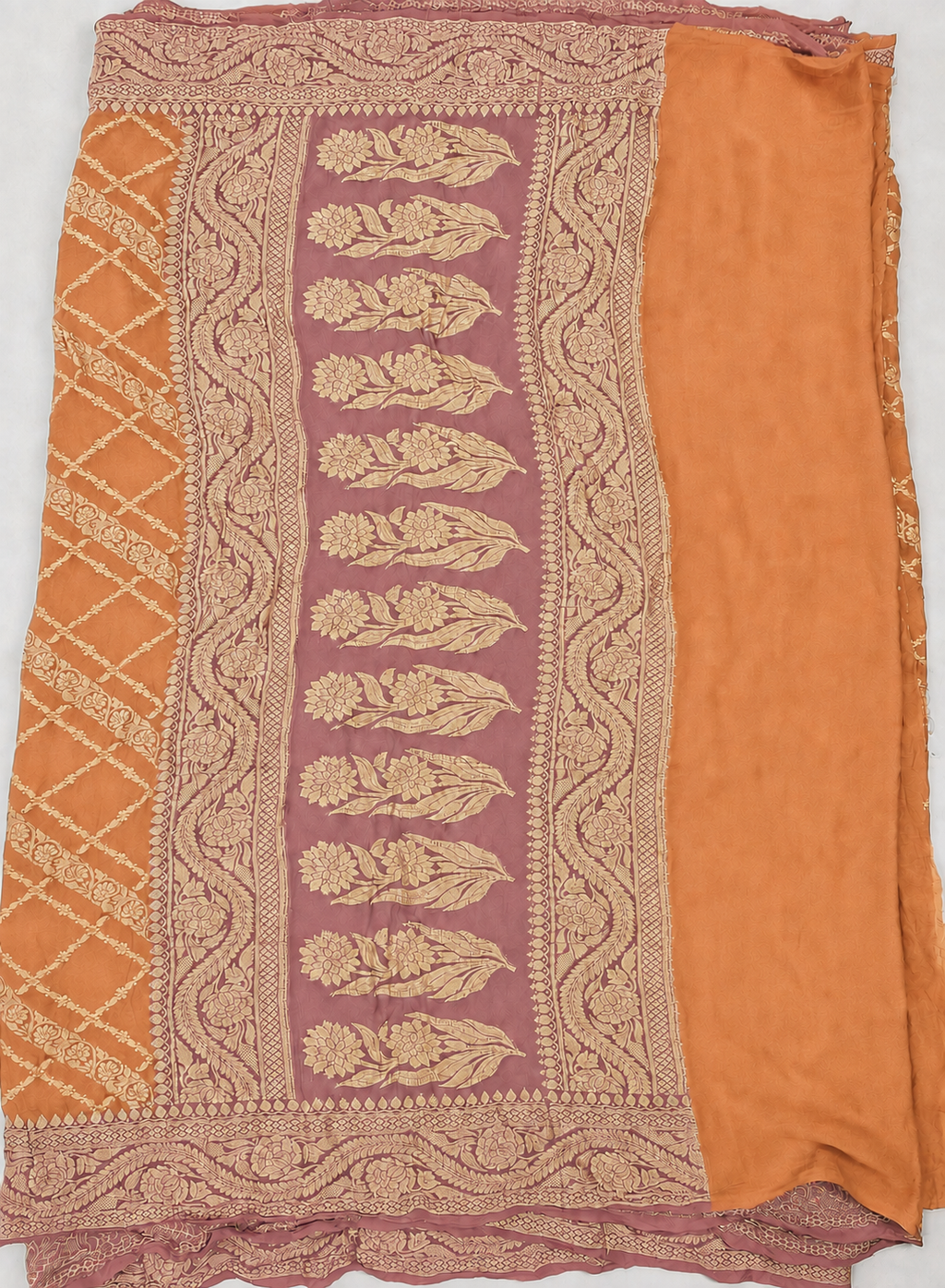 Peach contrast with Mauve- Pure Khaddi Chiffon Georgette Silk Banarasi Saree