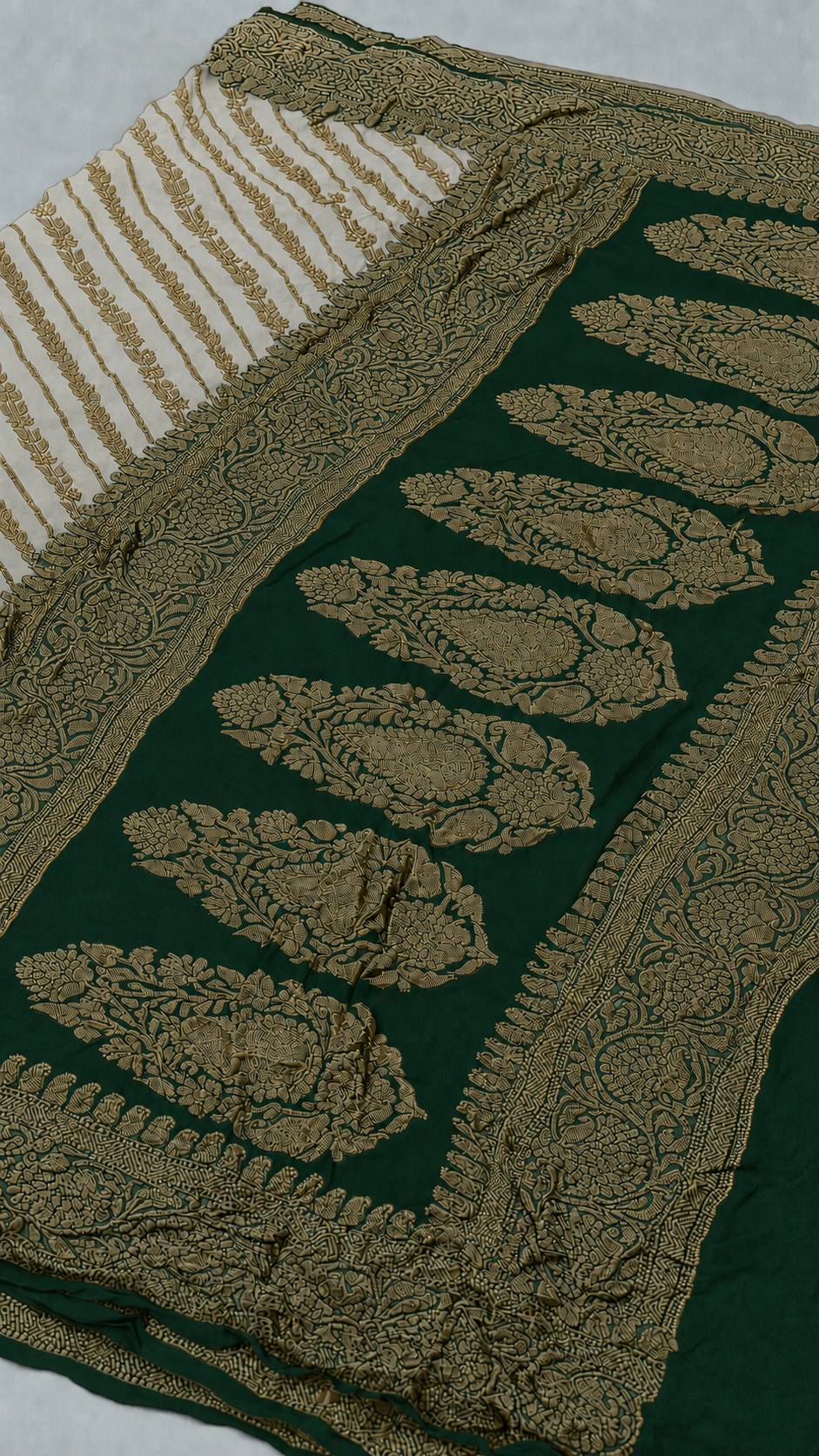 Off White contrast with Emerald Green - Pure Khaddi Chiffon Georgette Silk Banarasi Saree