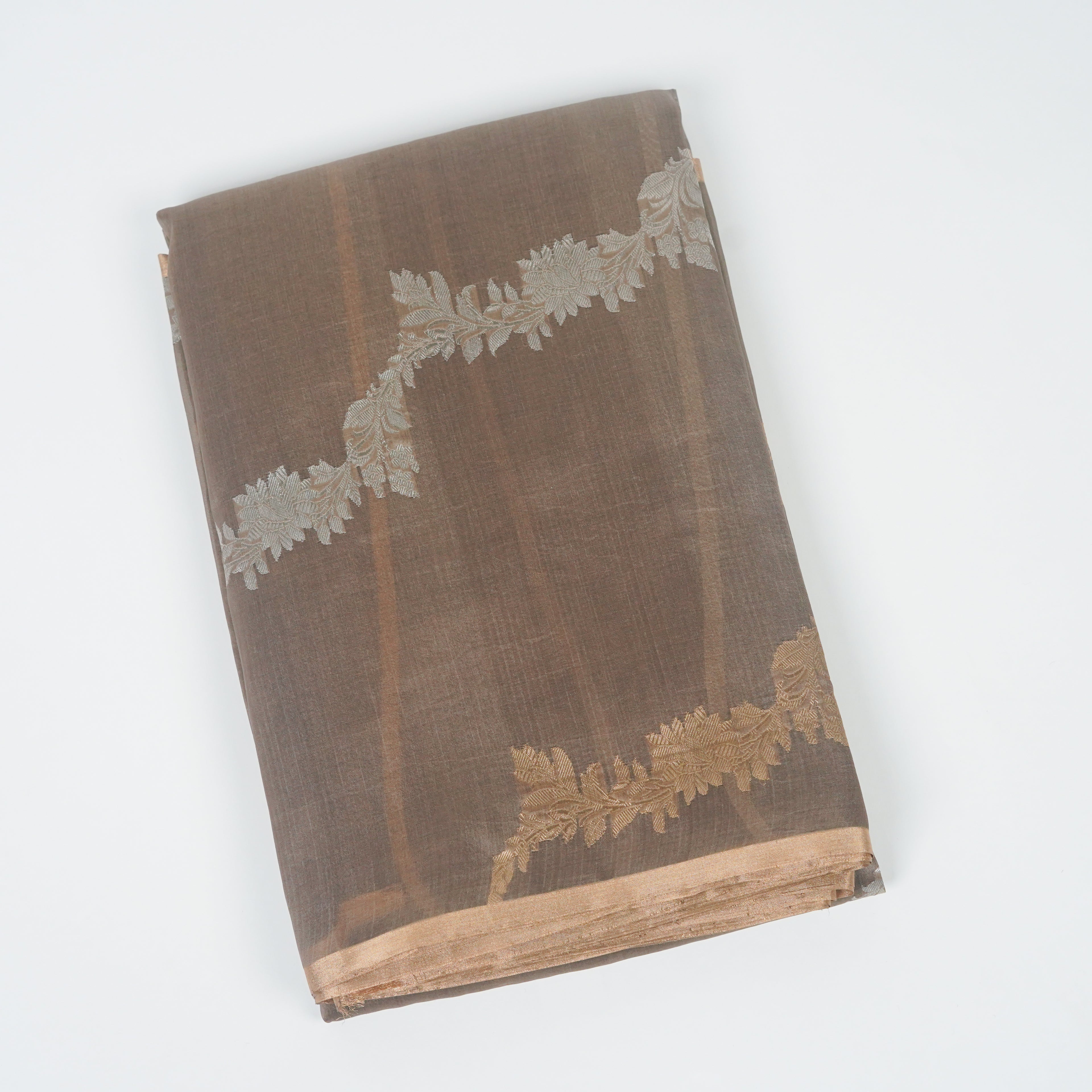 Dark Taupe - Pure Organza Banarasi Saree with Banarasi Half Laheria in gold and silver