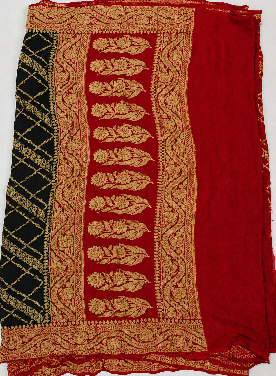 Black contrast with Classic Red - Pure Khaddi Chiffon Georgette Silk Banarasi Saree (Copy)