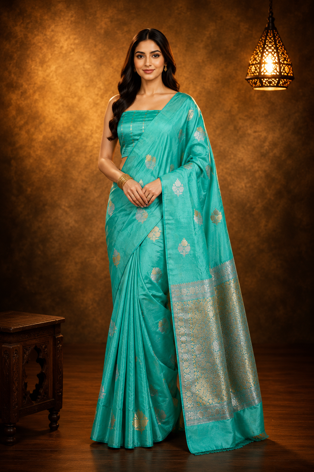 Sea Green - Pure Raw Mango Banarasi Saree with Silver Zari and Skirt Border Design