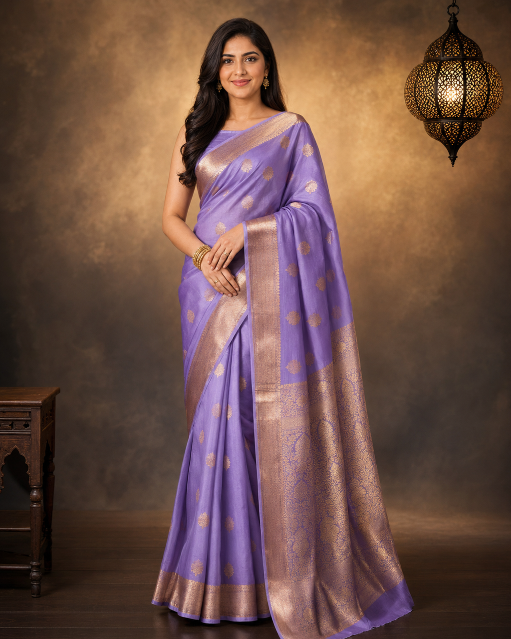 Light Purple - Pure Organza Banarasi Saree with light Golden  Zari Boota