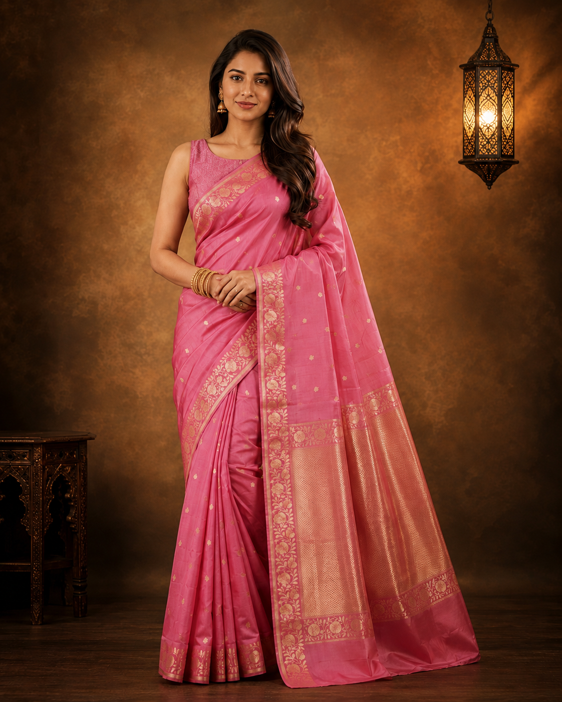 Pink - Pure Katan Georgette Banarasi Saree with Satin Border