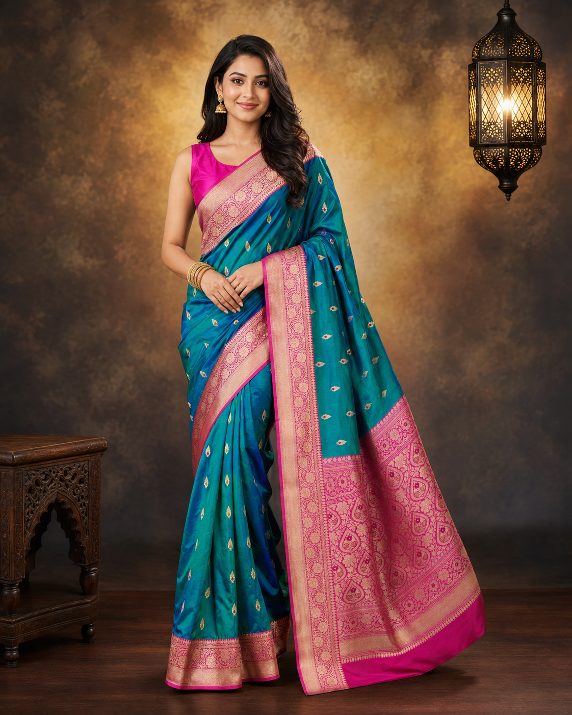 German Blue contrast with Pink - Pure Soft premium Katan Silk Banarasi Saree