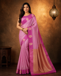 Hibiscus Pink - Pure Organza Banarasi Saree with Plain Stripe Pattern and Satin Border