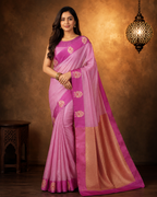 Hibiscus Pink - Pure Organza Banarasi Saree with Plain Stripe Pattern and Satin Border