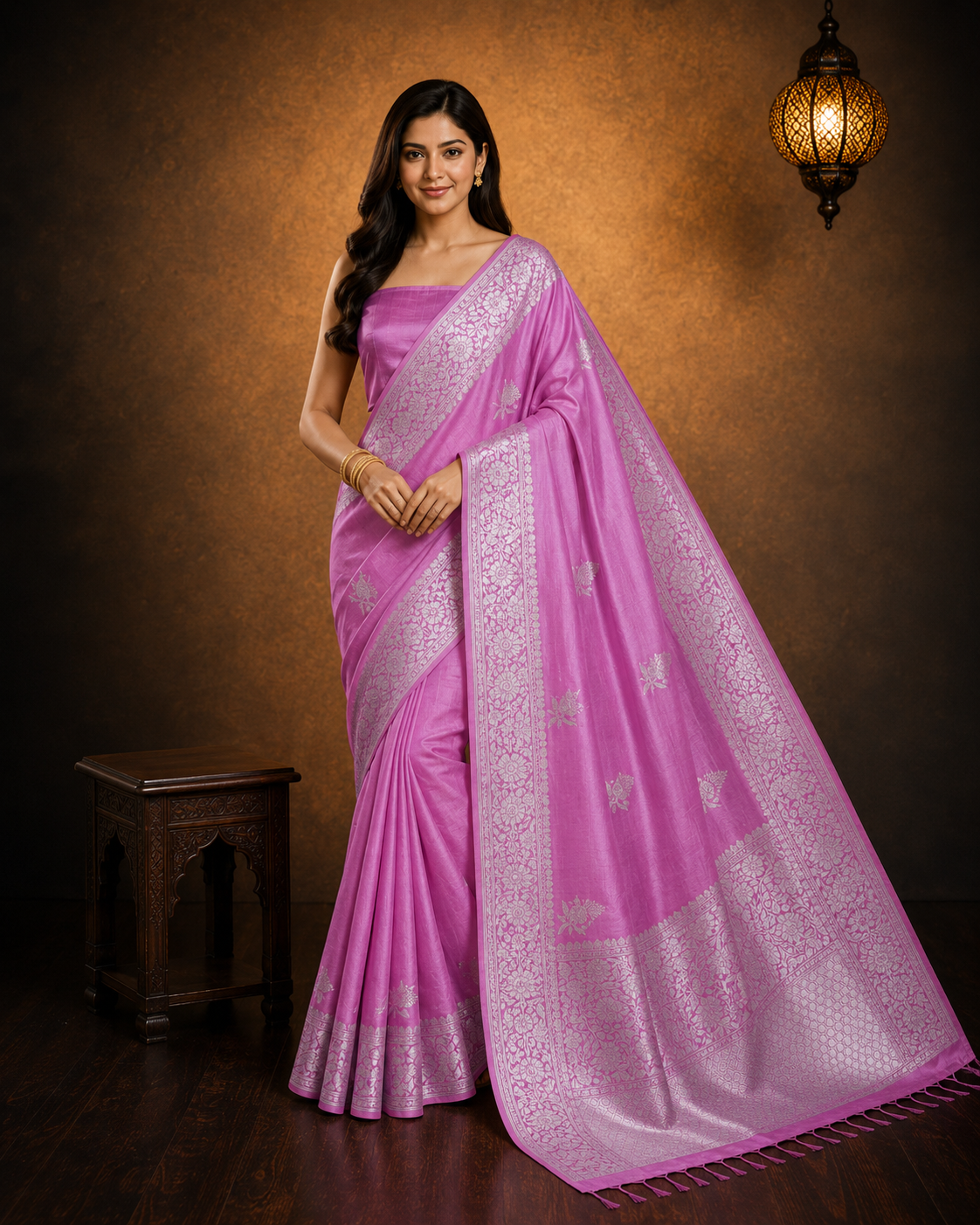 Pink - Pure Raw Mango Banarasi Saree with Silver Zari and Skirt Border Design