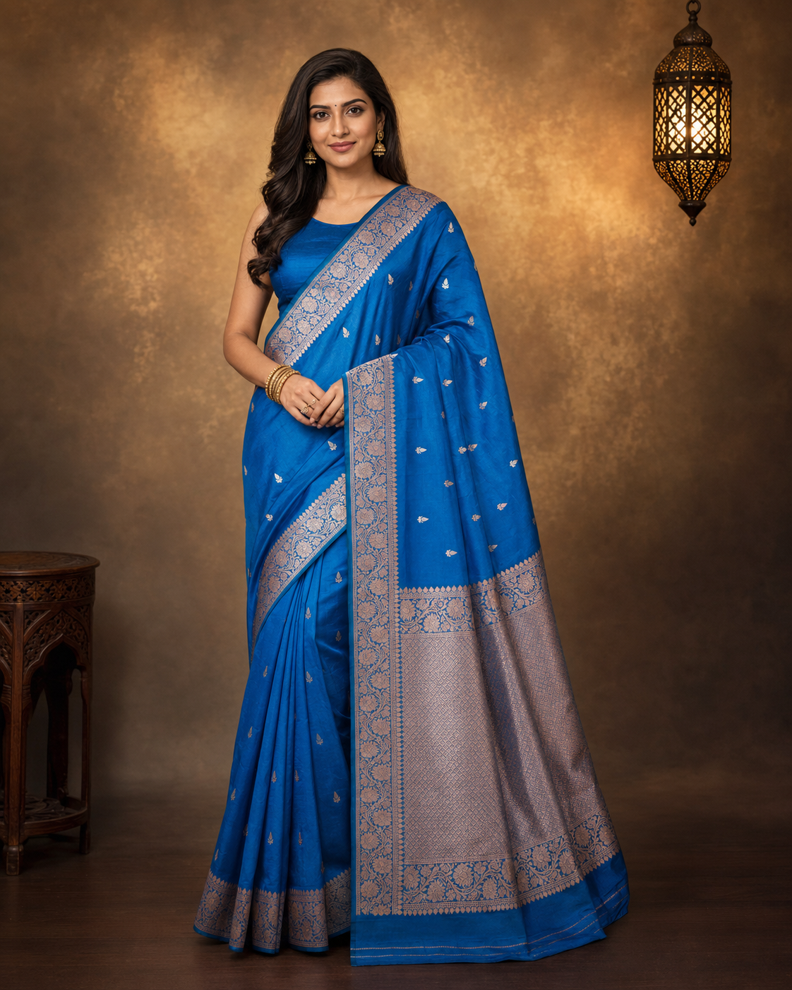 German Blue Contrast with lavender border - Pure Banarasi silk Saree