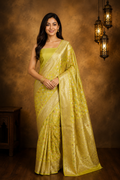 Lemon Yellow - Pure Katan Silk Banarasi Saree with water zari and multi color Booti