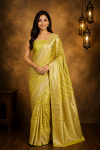 Lemon Yellow - Pure Katan Silk Banarasi Saree with water zari and multi color Booti