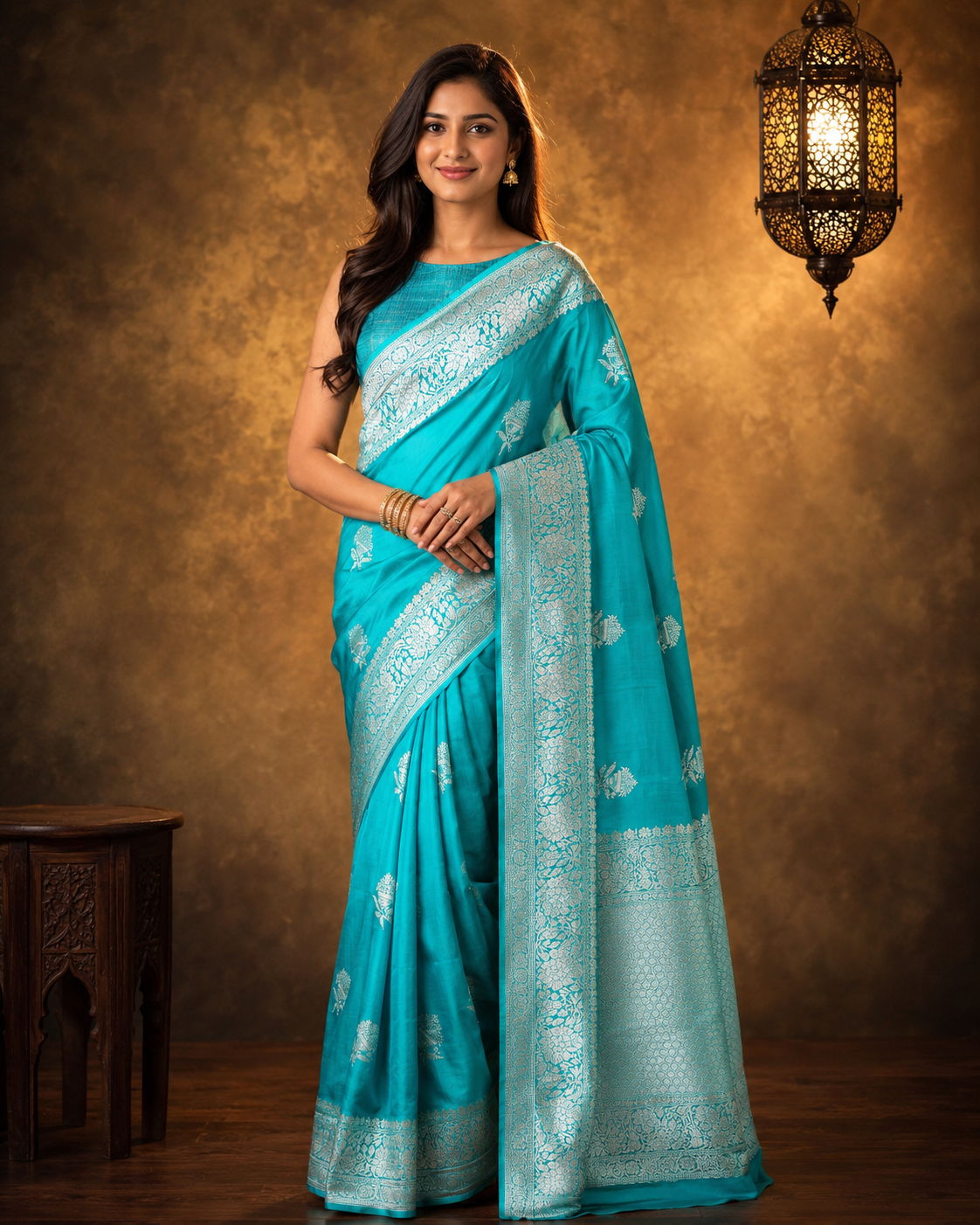 Aqua Green - Pure Raw Mango Banarasi Saree with Silver Zari and Skirt Border Design