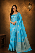 Sky Blue - Pure Organza Banarasi Saree with light Golden silver Zari Booti