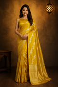 Mustard Yellow - Pure Raw Mango Banarasi Saree with Parallel Ara Jaal in Golden and Silver Zari
