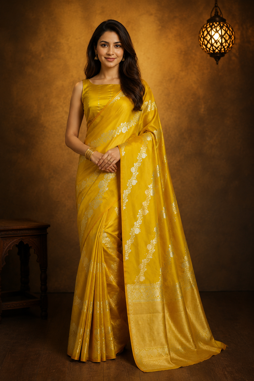 Mustard Yellow - Pure Raw Mango Banarasi Saree with Parallel Ara Jaal in Golden and Silver Zari
