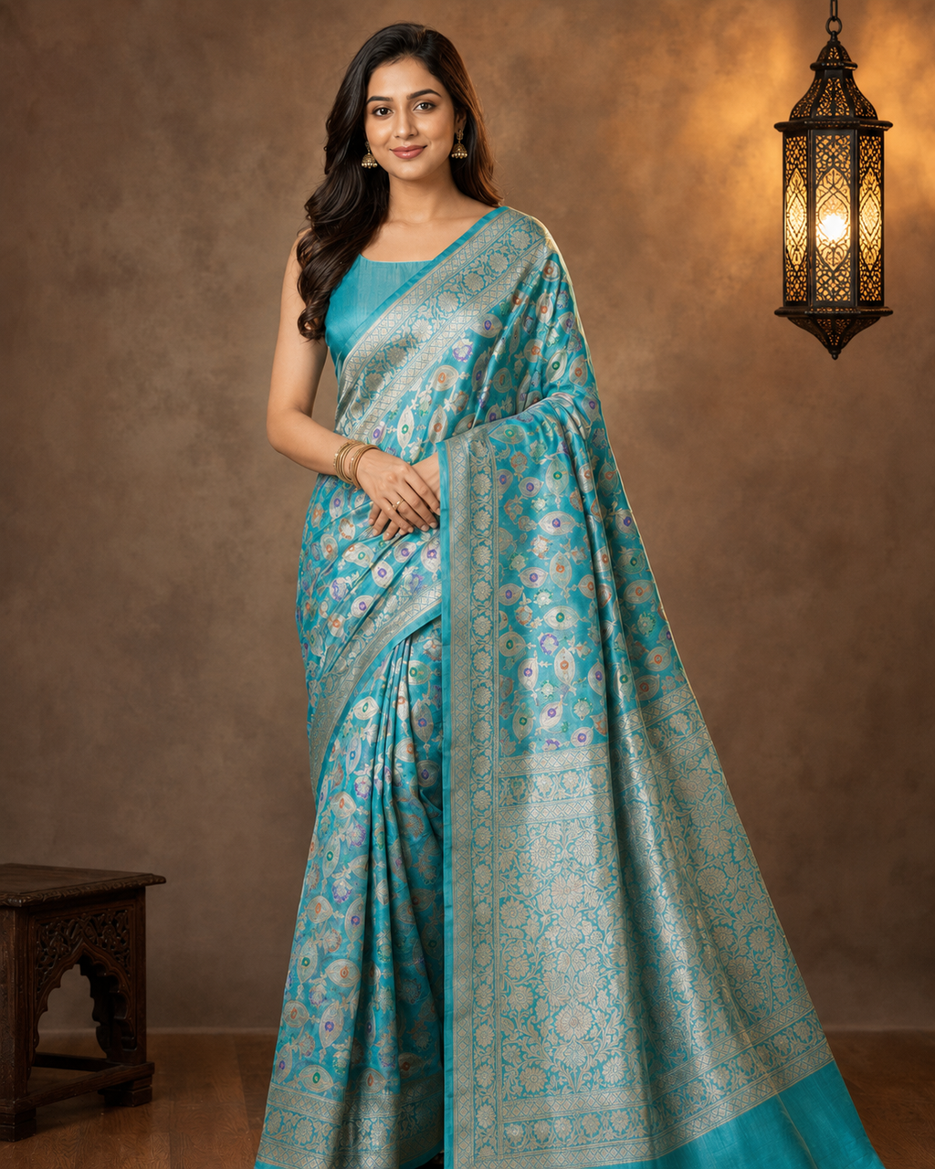 Aqua Green - Pure Katan Silk Banarasi Saree with water zari and multi color Jaal