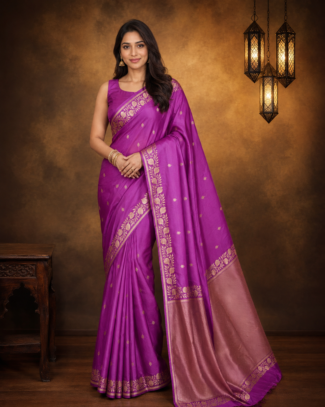 Magenta - Pure Katan Georgette Banarasi Saree with Satin Border