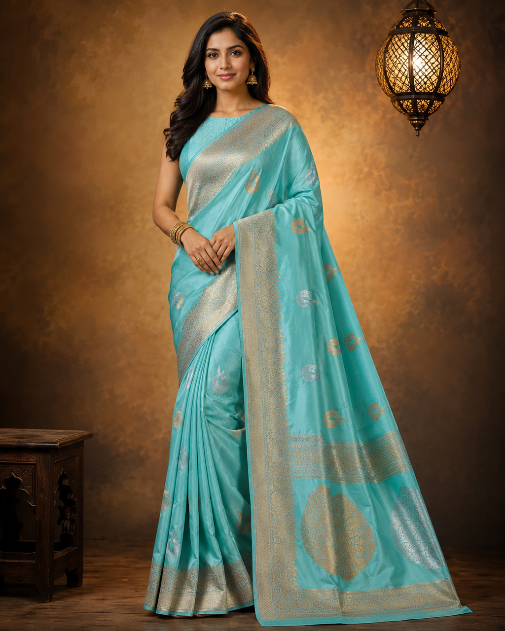 Light Sky Blue Pure Silk Banarasi Saree with attractive Golden and silver boota design