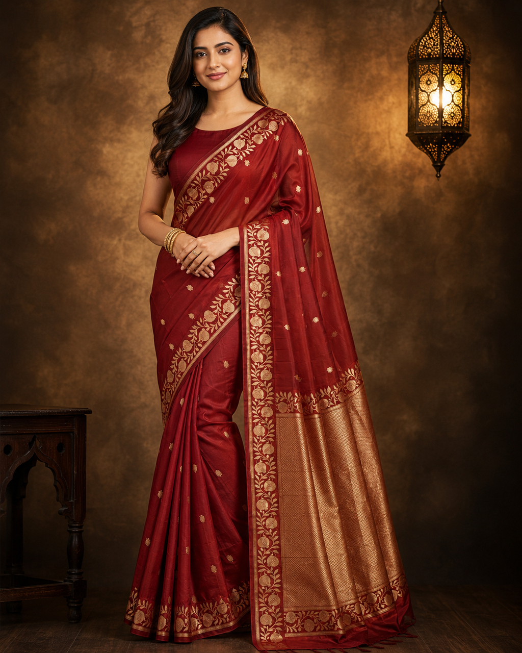 Dark Maroon - Pure Katan Georgette Banarasi Saree with Satin Border