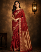 Dark Maroon - Pure Katan Georgette Banarasi Saree with Satin Border