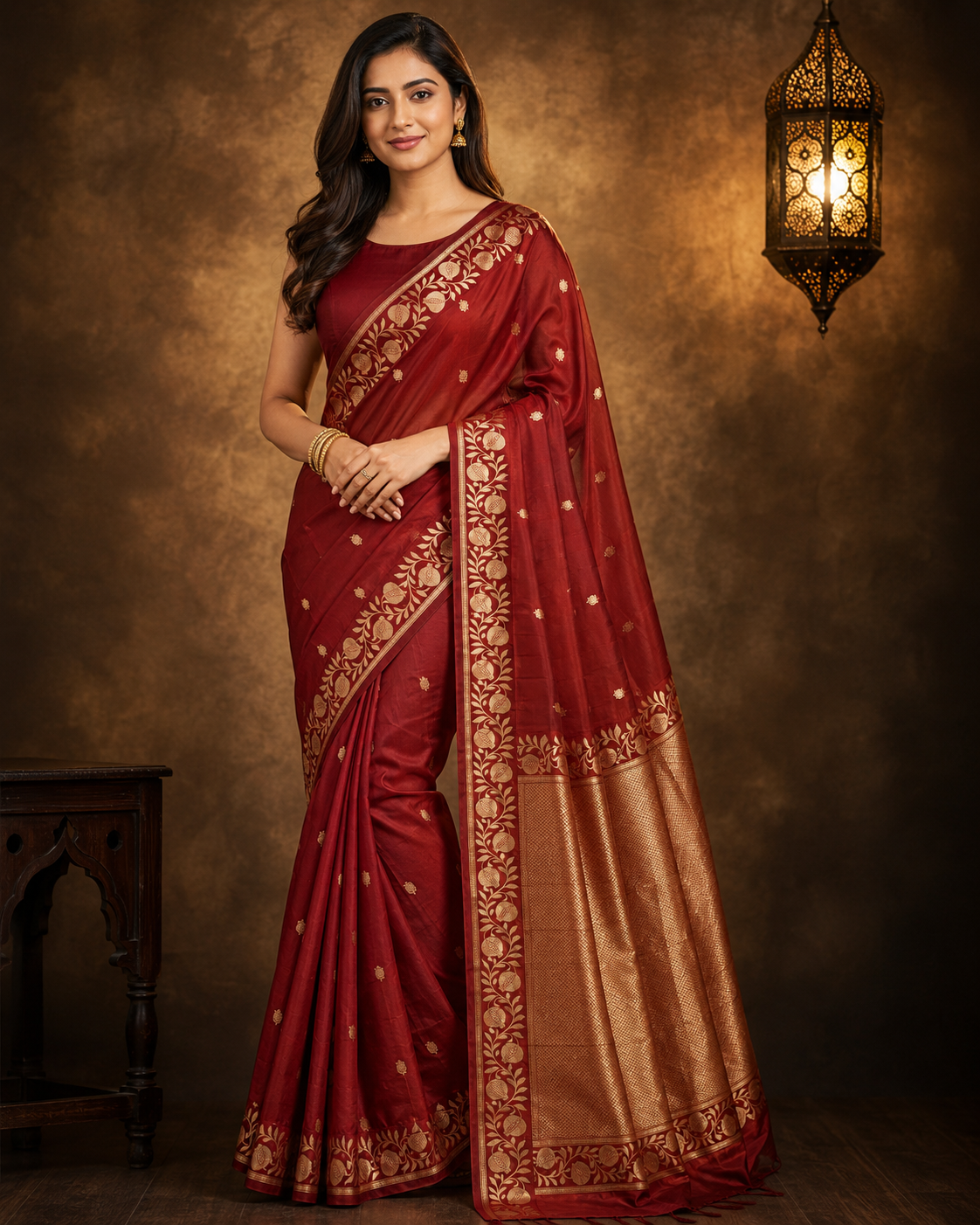 Dark Maroon - Pure Katan Georgette Banarasi Saree with Satin Border