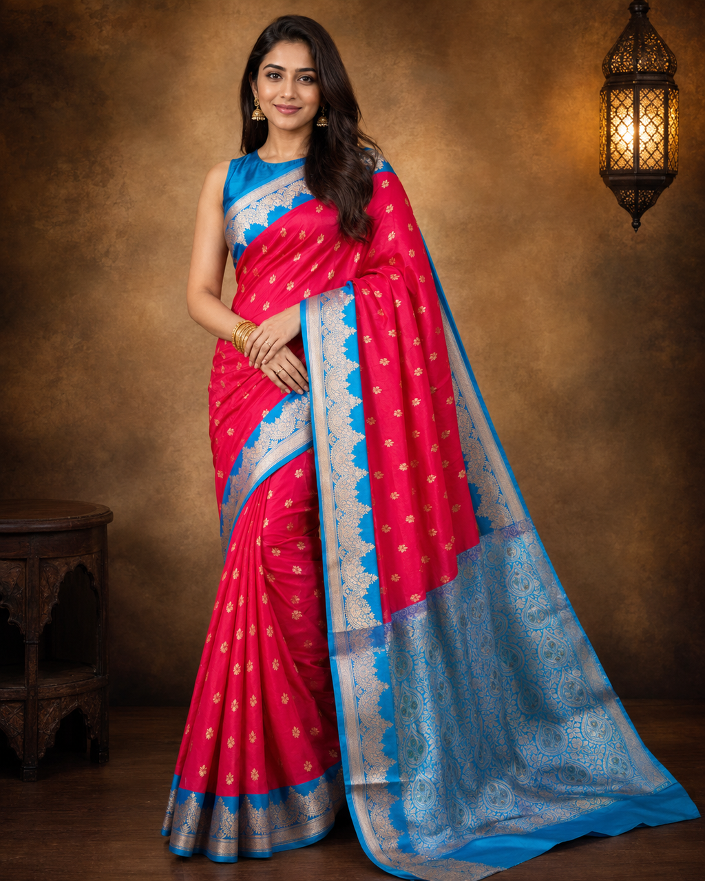 Red contrast with Blue - Pure Soft premium Katan Silk Banarasi Saree