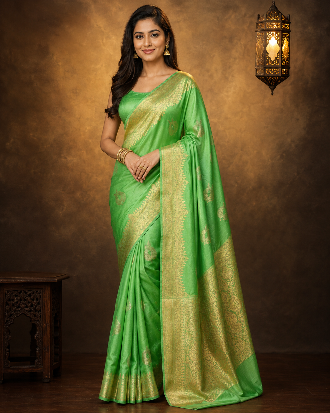 Light Green - Pure Silk Banarasi Saree with attractive Golden and silver boota design