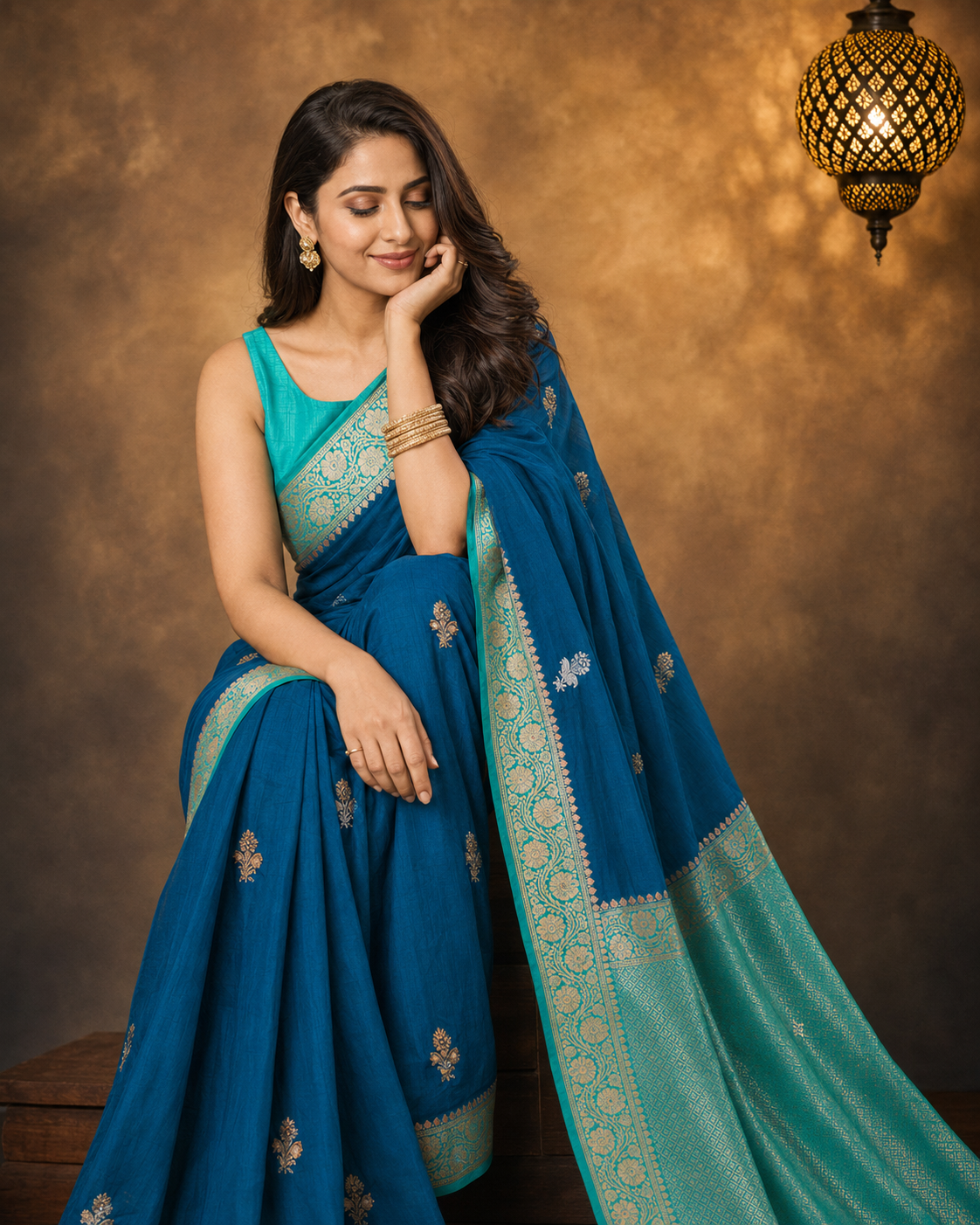 Dark Rama Contrast with Sea Green - Pure Raw Mango Banarasi Saree
