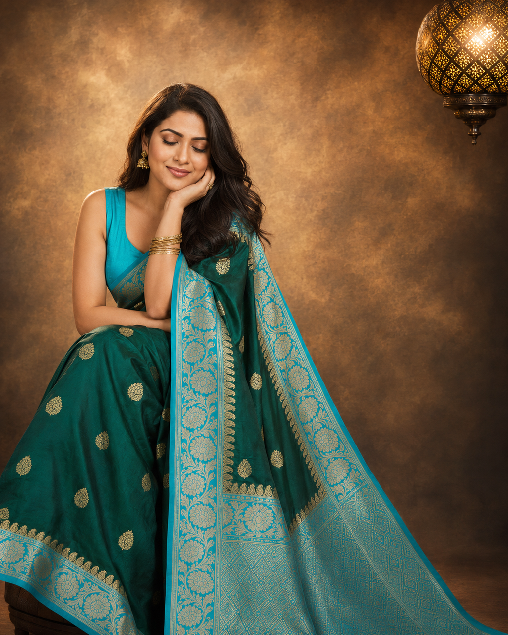 Bottle Green Contrast with Sky blue border - Pure Raw Mango Banarasi Saree
