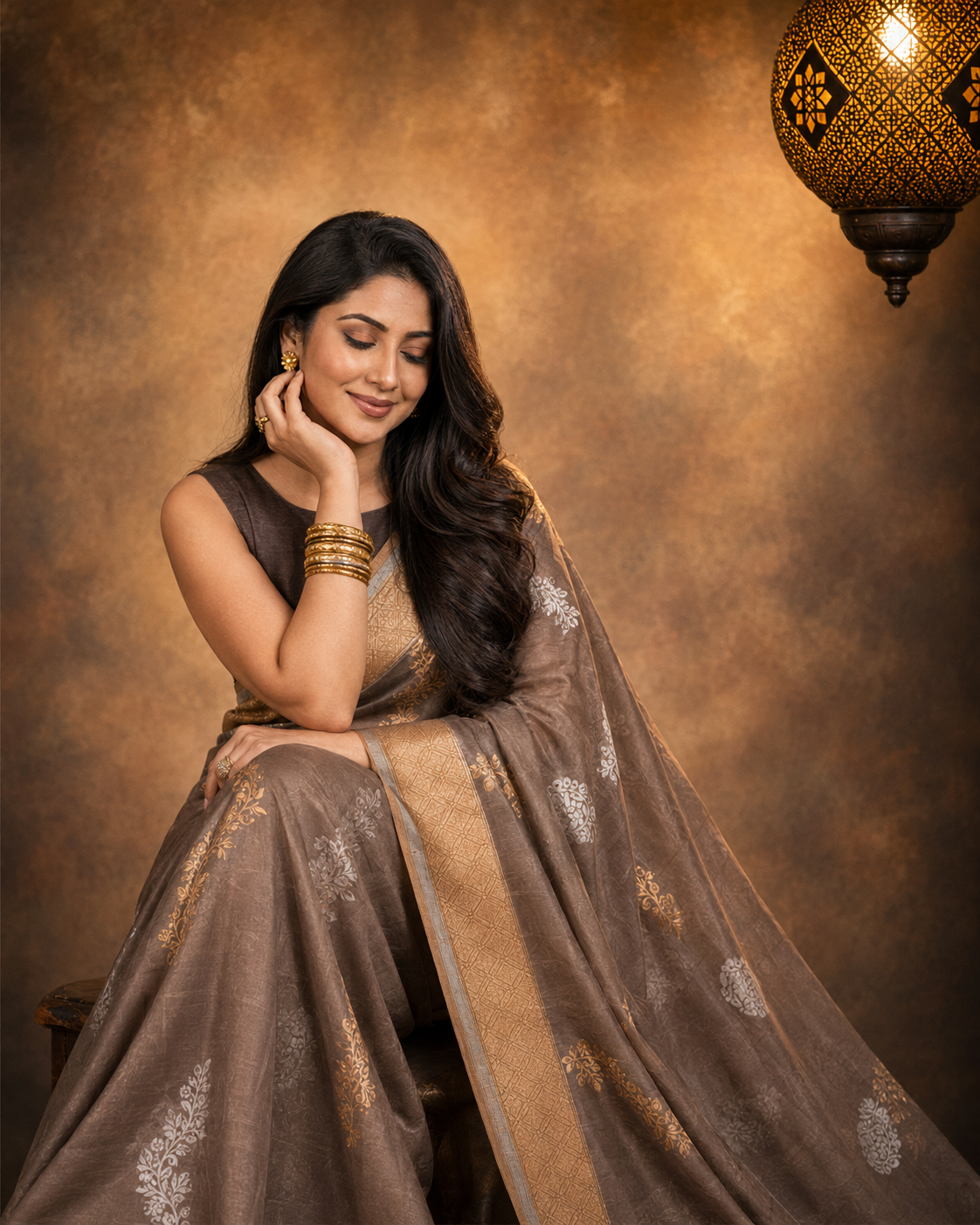 Dark Taupe - Pure Organza Banarasi Saree