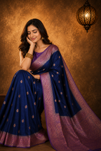 Navy Blue Contrast with Lavender Border - Pure Banarasi Raw Mango silk Saree